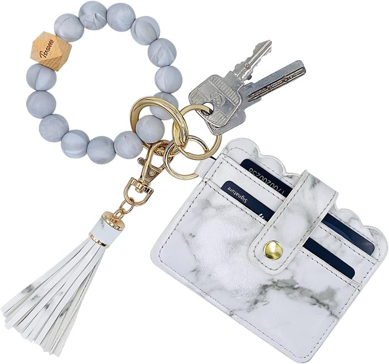 TSNSOEEO Keychain Wallet Wristlet Small Credit Card Holder Bracelet Key Chain Purse Bangle Tassel Beads Key Rings for Women - Image 1